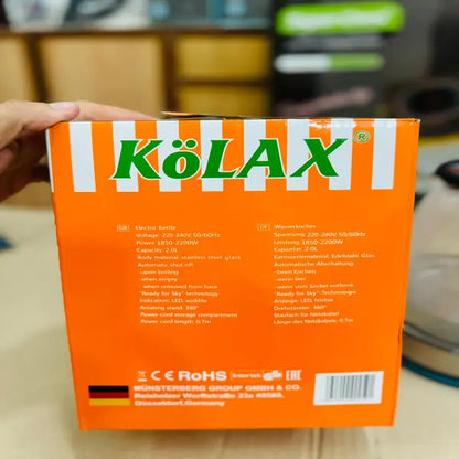 KOLAX Electric Glass Kettle – 2.0L Borosilicate Glass, 2200W, German-Designed